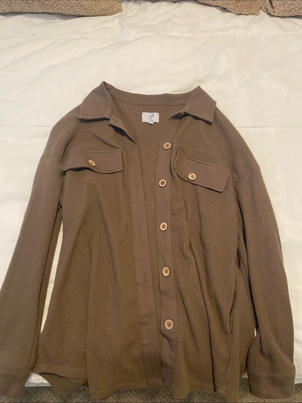 Waffle Knit Button-Front Shirt Jacket in Brown